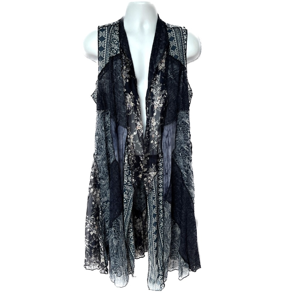 Minkas Sleeveless Vest Size Large Blue Patchwork Long Boho Knee Length